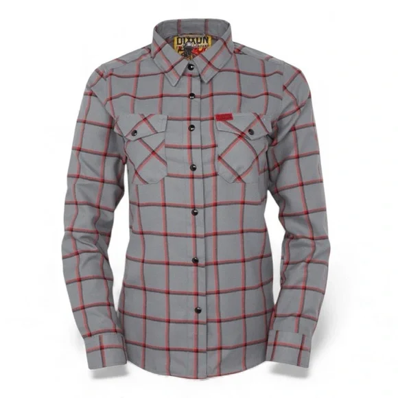 DIXXON Women’s Smoke Eater Flannel Shirt Plaid Gray Red Large NWOT - Picture 1 of 8
